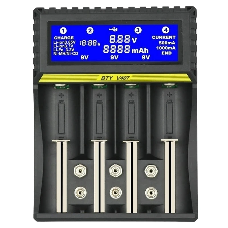 

BTY-V407 Battery Charger Li-ion Li-fe Ni-MH Ni-CD Smart Fast Charger for 18650 26650 6F22 9V AA AAA 16340 14500 Battery Charger