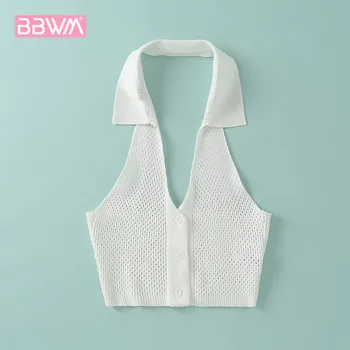 2020 New Women's Sleeveless T-shirt with Hollow Lapels Open Back Sexy Neck Button Knit Cardigan Crop Top Female 
2020 New Women's Sleeveless T-shirt with Hollow Lapels Open Back Sexy Neck Button Knit Cardigan Crop Top Female