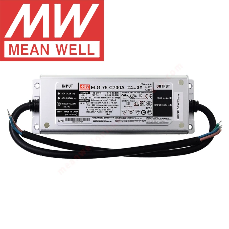 

Mean Well ELG-75-C1400A/B/AB Outdoor IP65/IP67 Led Power 60-75W/1400mA/27-54V Constant Current Mode Dimming LED Driver