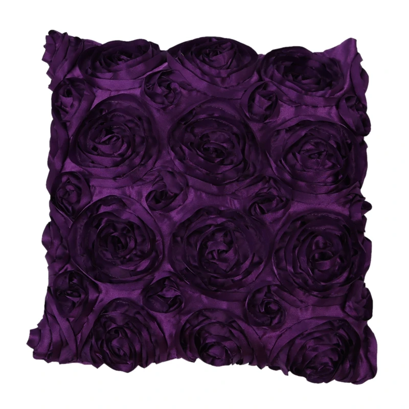 Purple Satin Rose Flower Square Pillow Cushion Pillowcase Case Cover