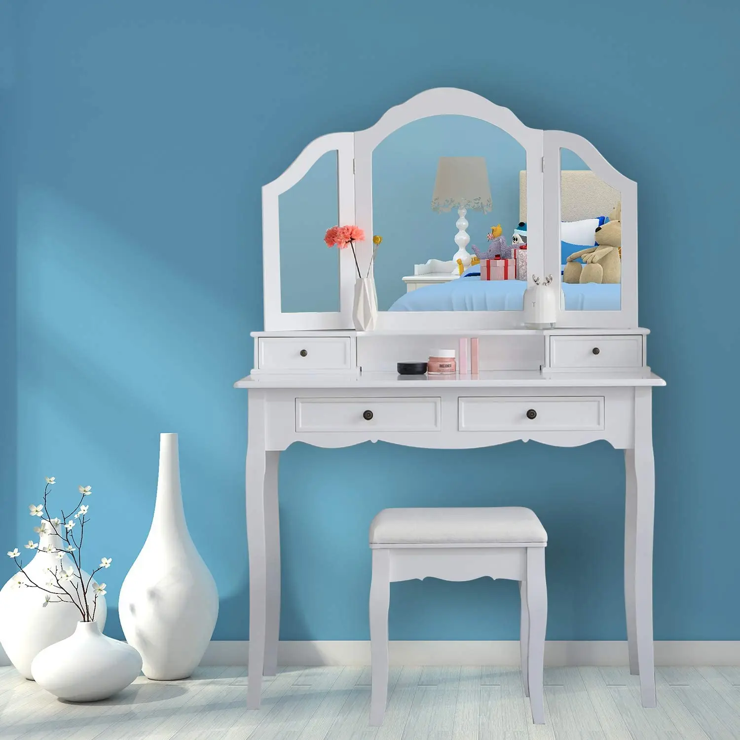 Dressing Table Bedroom Furniture Makeup Europe Style MDF Board White Color Dressing Stool 3 Pieces Mirror Dresser Table Chair
Dressing Table Bedroom Furniture Makeup Europe Style MDF Board White Color Dressing Stool 3 Pieces Mirror Dresser Table Chair