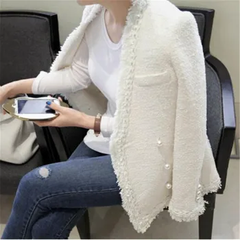 2019 Spring Autumn Woman Slim Long Sleeve Pearl Buckle Woolen Beading Tweed Jacket
2019 Spring Autumn Woman Slim Long Sleeve Pearl Buckle Woolen Beading Tweed Jacket