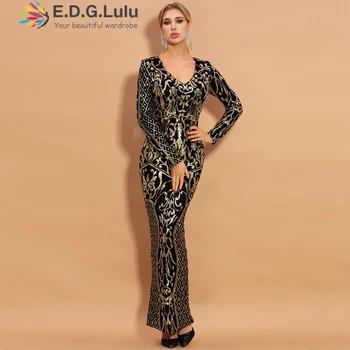 EDGLuLu 2020 Autumn Winter Long Sleeve V-neck Geometry Gold Sequins Women Maxi Dresses Elegant Female Party Dresses 0917 
EDGLuLu 2020 Autumn Winter Long Sleeve V-neck Geometry Gold Sequins Women Maxi Dresses Elegant Female Party Dresses 0917