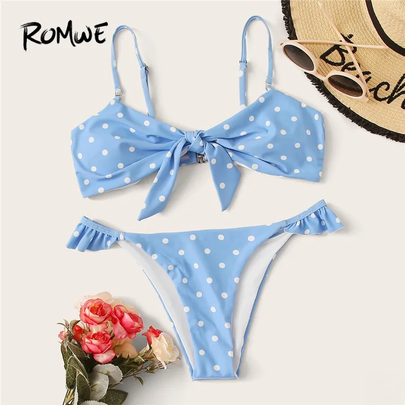 

Romwe Sporty Polka Dot Random Print High Cut Bikini Set Women Summer Cute Blue Wireless Swim Suit Lady Spaghetti Strap Swimsuit
