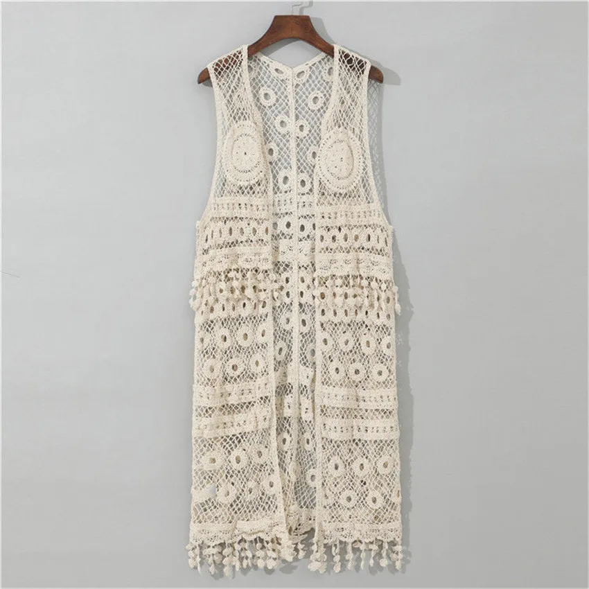 

Boho Long Cardigan Knitted Vest Crochet Tops For Women Sleeveless Lace Blouse Shirt Tassel Kimono Cardigans Blusa Mujer