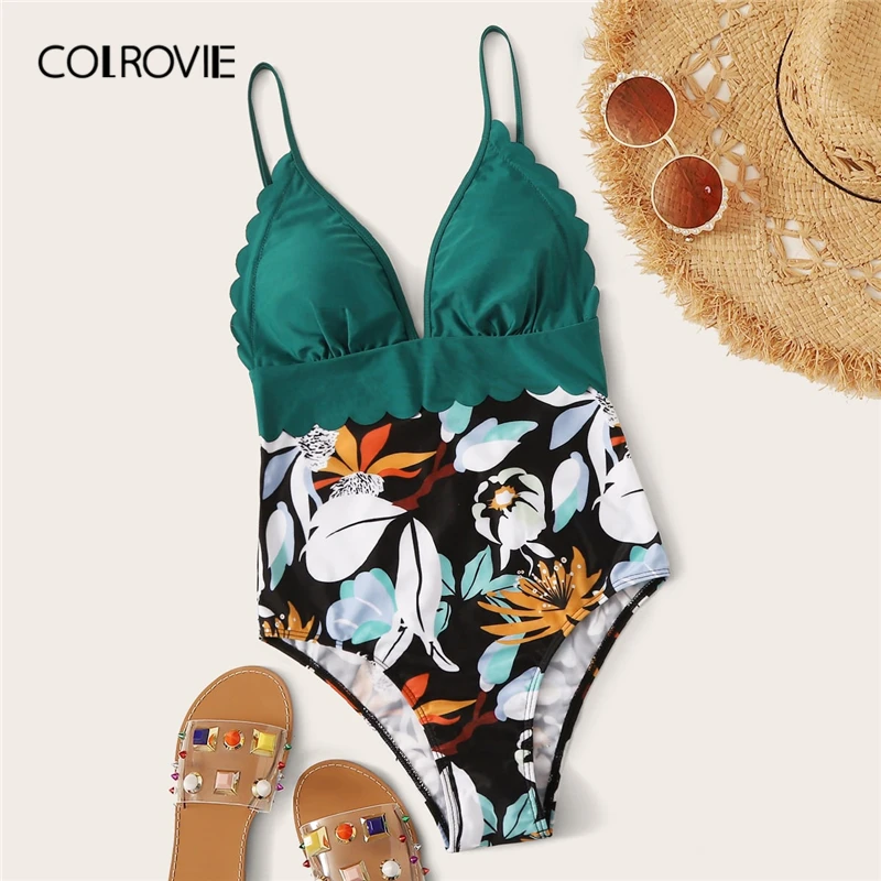 

COLROVIE Multicolor Floral Random Print Scallop Trim One Piece Swimwear Women Sexy Bikini 2019 Summer Swimsuit Bathing Beachwear