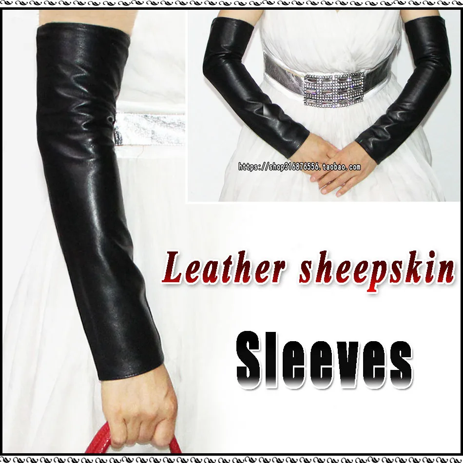 

Long Arm Sleeves Leather Sheepskin Gloves Women's Fingerless Autumn and Winter Warmth Female Half-Finger Fashion Flannel Lining