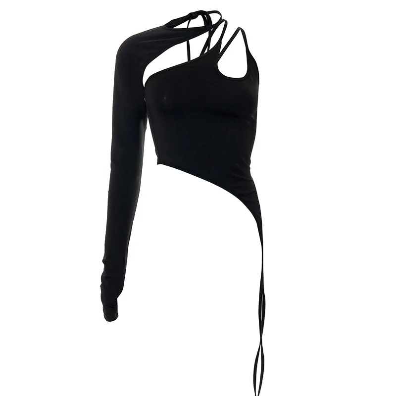 

Black Y2K Halter One Shoulder Finger Sleeve Asymmetrical Cami Top T-shirts for Women