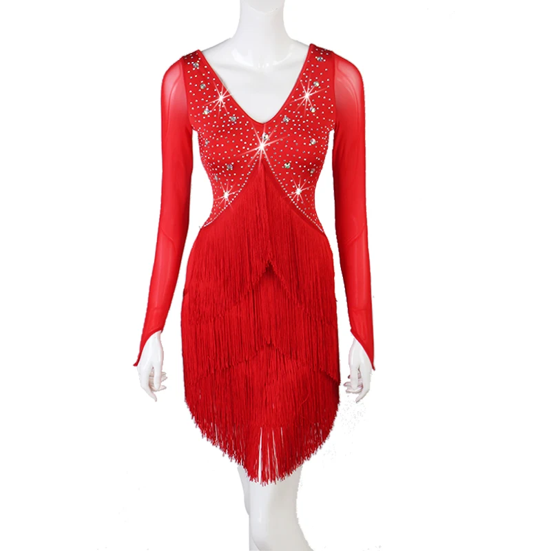 Latin Dance Costumes For Women Long Sleeve Red Fringe Skirt Competition Dresses Adult Rumba Samba Dancewear DQL2831 | Тематическая
