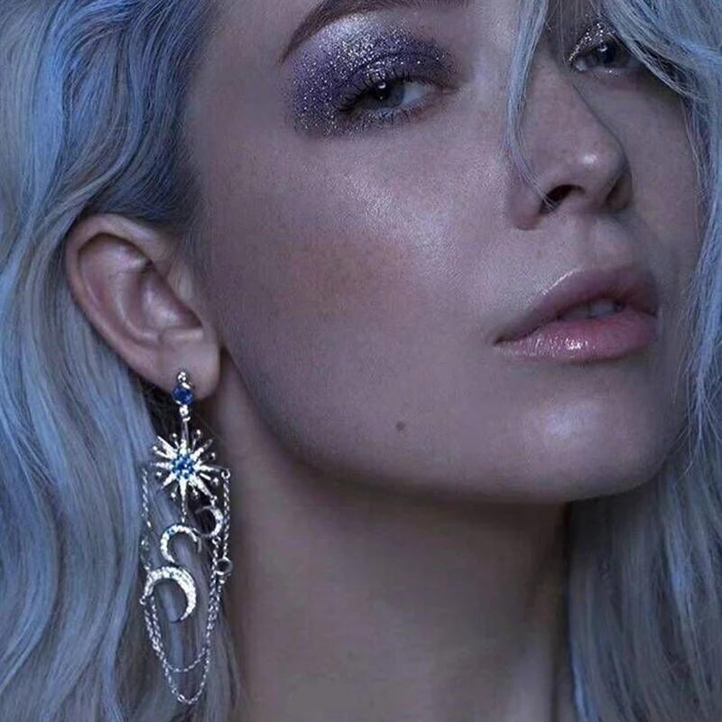 Фото LXOEN Romantic Luxury Moon Star Drop Earrings For Women Bohimian Beaded Blue CZ White Gold color Earing Bijoux E359 | Украшения и