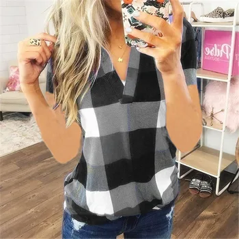 V-Neck Women Shirt Plaid Short Sleeve Shirts Women Casual Loose Shirt Fashion Tops Womens Clothing Blusas Mujer De Moda 
V-Neck Women Shirt Plaid Short Sleeve Shirts Women Casual Loose Shirt Fashion Tops Womens Clothing Blusas Mujer De Moda