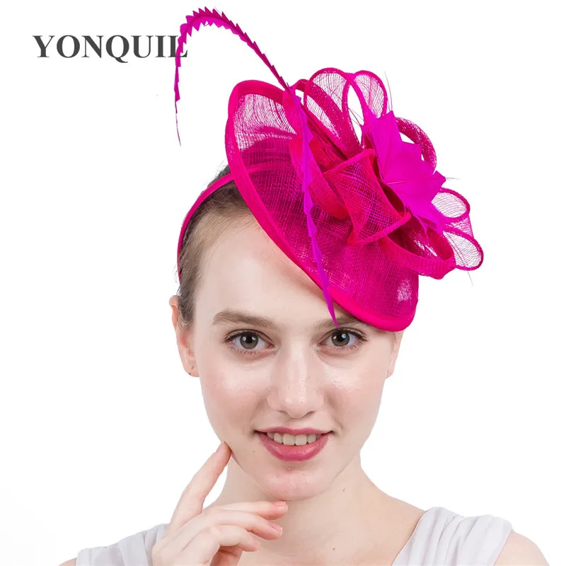 

Hot Pink Fascinators with Feather Derby Sinamay Hat Event Occasion Church Hat Women Bridal Wedding Hair Accessories New Arrival