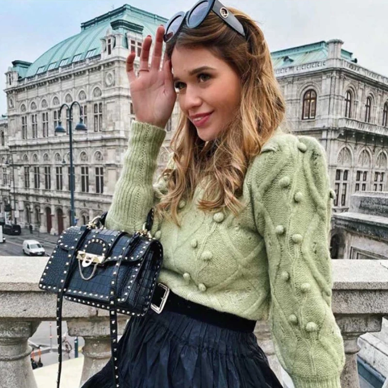 Vintage Women Elegant Green Blouses 2020 Fashion Ladies Knitted Short Pullovers Casual Female Cute White Sweater Girls Chic 
Vintage Women Elegant Green Blouses 2020 Fashion Ladies Knitted Short Pullovers Casual Female Cute White Sweater Girls Chic