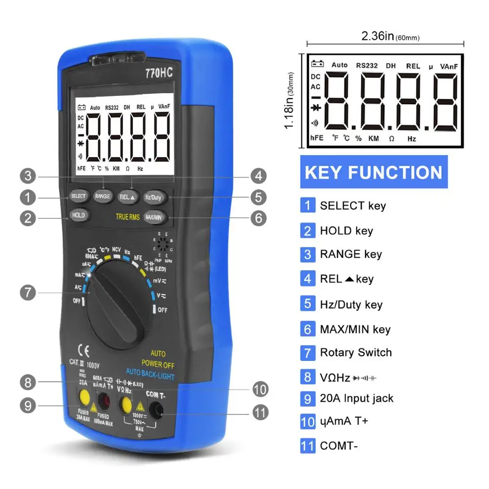 Digital Multimeter 770HC Auto Ranging AC/DC Voltage Current True RMS with NCV Feature and Temperature/Frequency/Duty Cycle Test
Digital Multimeter 770HC Auto Ranging AC/DC Voltage Current True RMS with NCV Feature and Temperature/Frequency/Duty Cycle Test