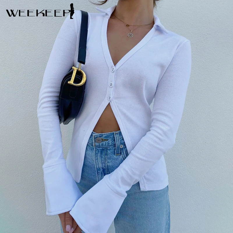 Weekeep/белые ребристые футболки для женщин расклешенный длинный рукав v-образный
