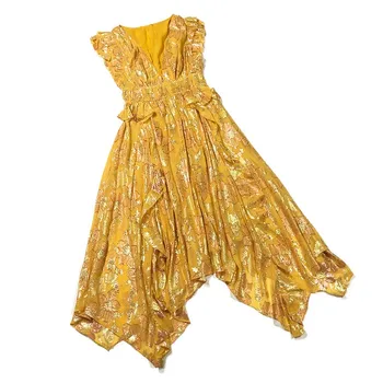 Summer Designer Fashion Top Quality Gold Thread Ruffles Sleeveless Irregular Branded Long Silk Dress
Summer Designer Fashion Top Quality Gold Thread Ruffles Sleeveless Irregular Branded Long Silk Dress