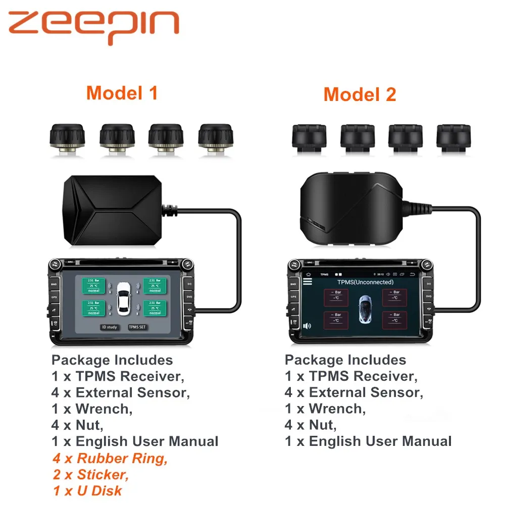 

ZEEPIN USB Android Tire Pressure Monitoring System 433.92MHz 116Psi TPMS Real-Time Tester With 4 External Sensors For DVD System