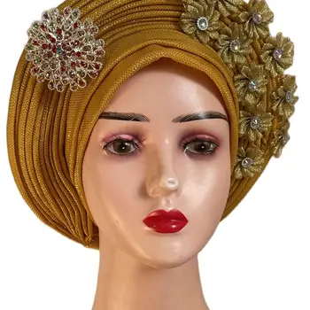 2022 나이지리아 수제 자동 Gele Aso Oke 디자인 통기성 모자 Scarfs 내부 Hijab 모자 Turban 모자 레이디 헤드 착용을위한 Headtie