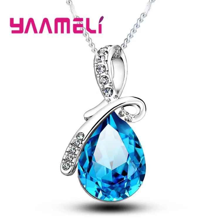 Hot Sale Factory Price Female 925 Sterling Silver Elegant Charming Multicolor Crystals Watedrop Pendant Necklace For Woman Girls | Украшения