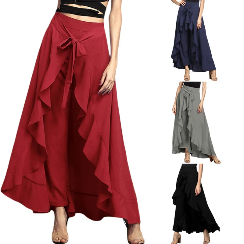 

Women Fashion Ruffle Drawstring Wide-leg Pants Ladies Elegant High Waist Irregular Causal Loose Skirt Chiffon Trouser