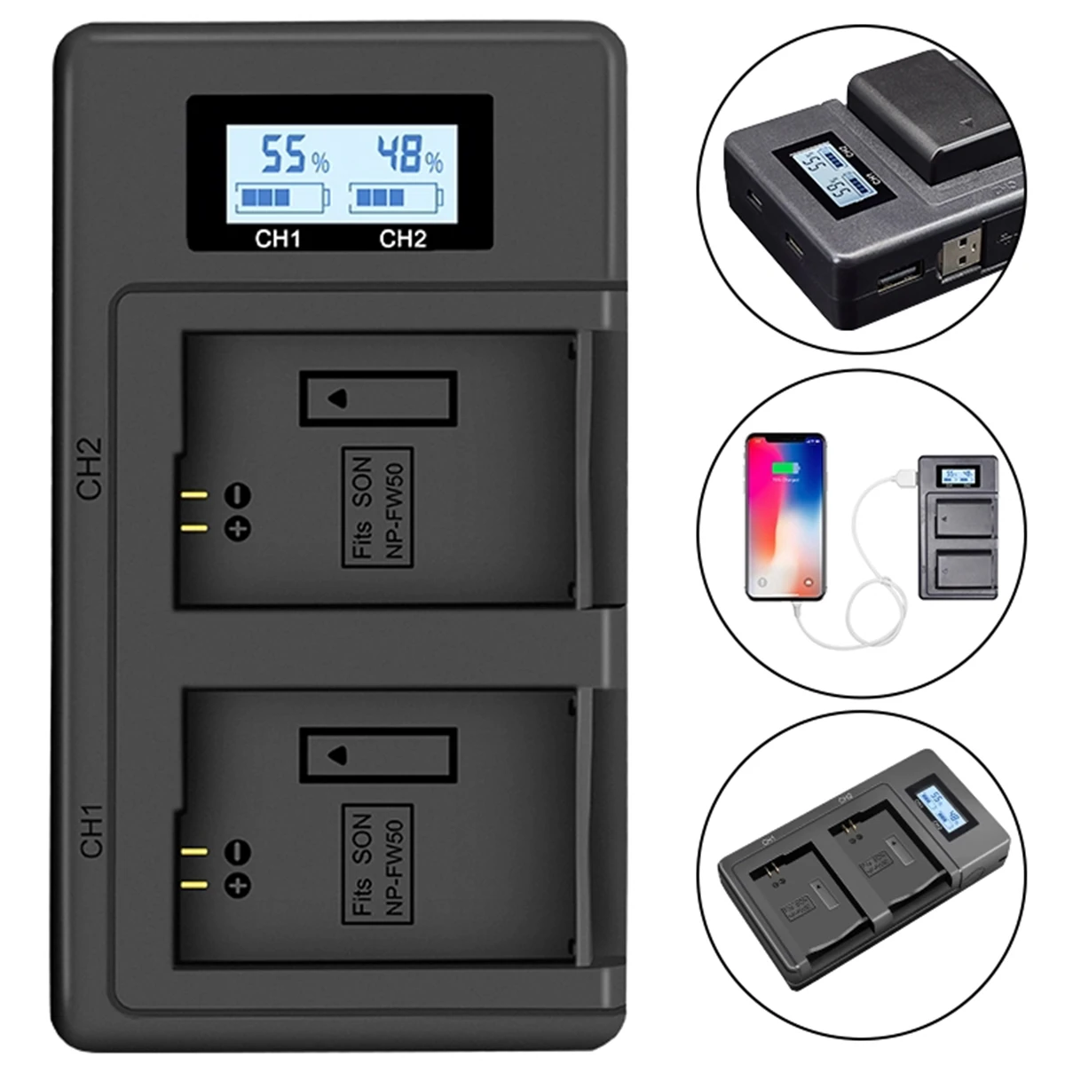 SOONHUA Camera Battery Charger Dual Channel USB Charging Adapter With LCD Display for Sony NP-FW50 Digital Camera Battery
SOONHUA Camera Battery Charger Dual Channel USB Charging Adapter With LCD Display for Sony NP-FW50 Digital Camera Battery