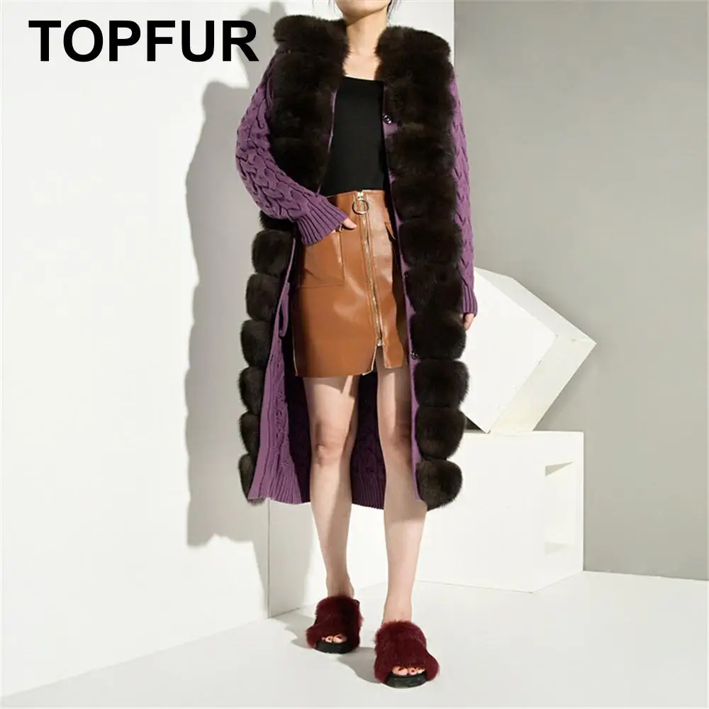 Модное пурпурное вязаное пальто TOPFUR с поясом темно-коричневое из натурального