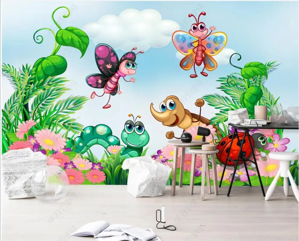 

Custom mural 3d photo wallpaper Hand drawn cartoon bee flower fairy tale world children's room wallpaper for wall 3 d in rolls