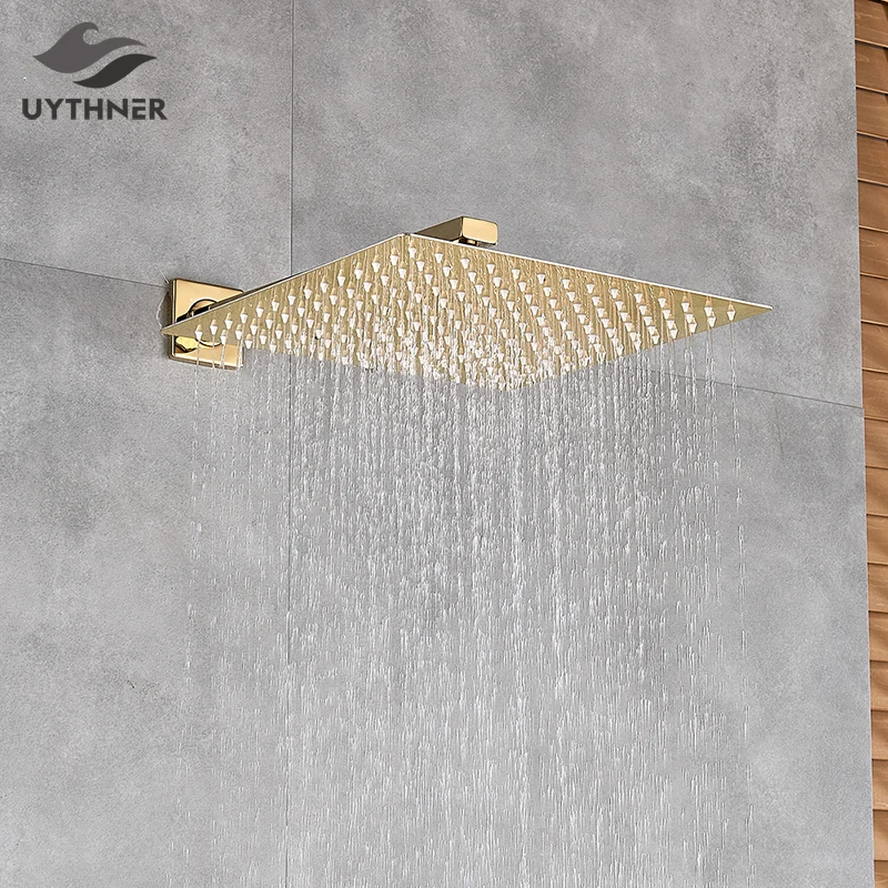 

Gold Polish 8"/10"/12" Square Rainfall Shower head Bathroom Ultrathin Rain Shower Head with Shower Arm Faucet Accessories Wall