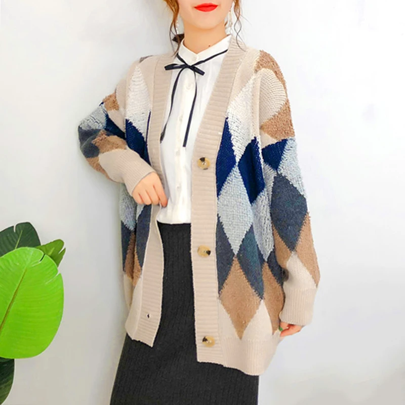 LASPERAL Lattice Color Matching Spring Autumn Knit Cardigan Female Lazy Wind Korean Thicken Loose Sweater Women
LASPERAL Lattice Color Matching Spring Autumn Knit Cardigan Female Lazy Wind Korean Thicken Loose Sweater Women