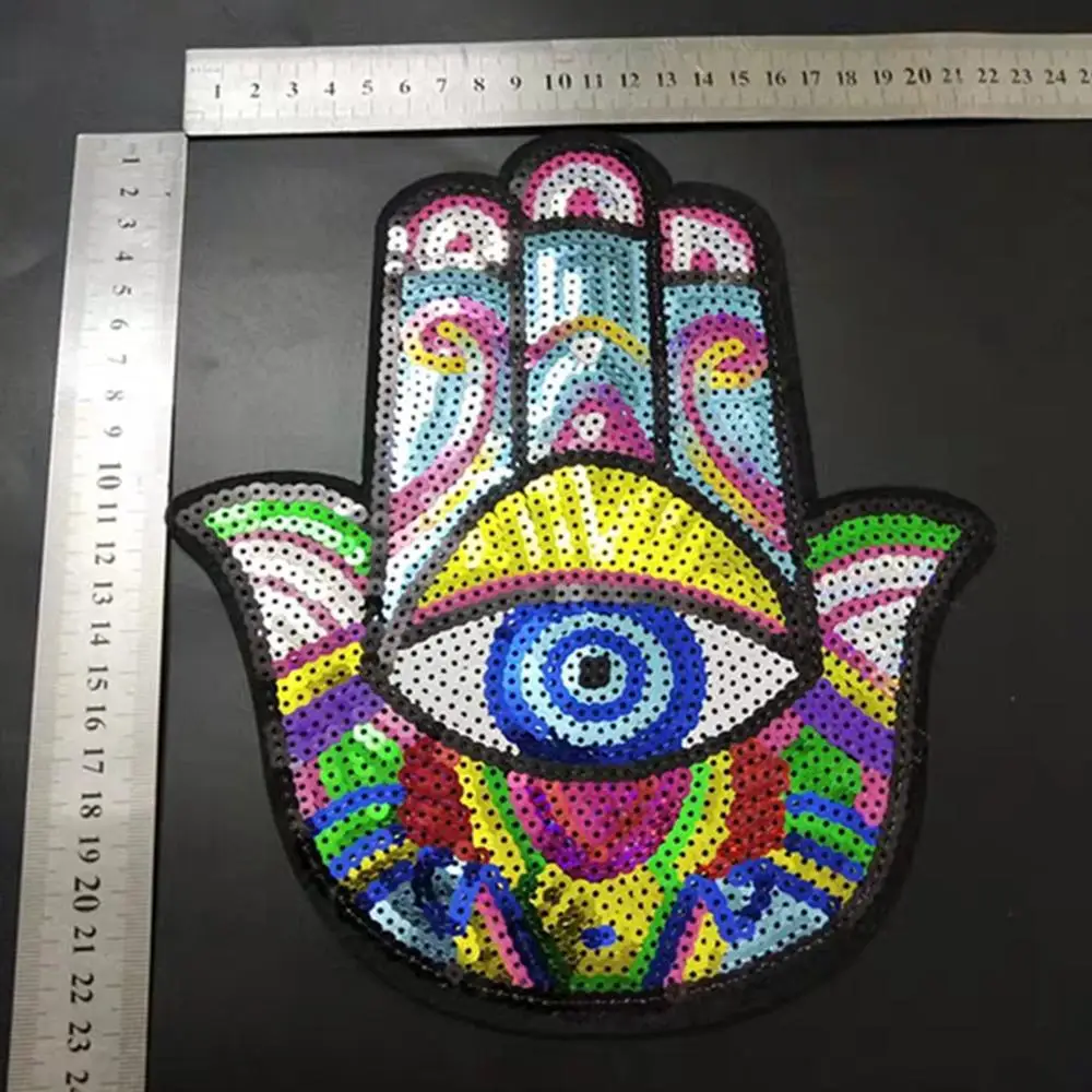 New Arrival Hamsa Hand Sequined Iron on Patches for Clothes DIY Garment Accessories Big Hand Eye Sequins Embroidery Appliques
New Arrival Hamsa Hand Sequined Iron on Patches for Clothes DIY Garment Accessories Big Hand Eye Sequins Embroidery Appliques