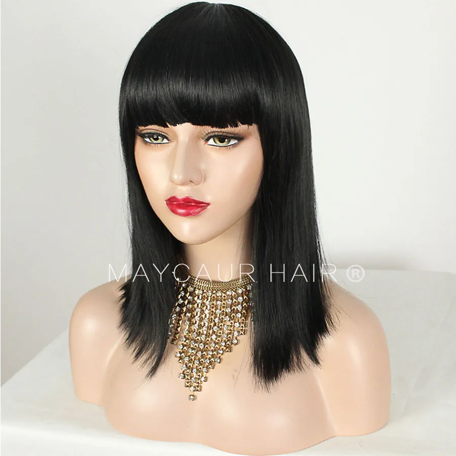 Maycaur Synthetic Wigs With Full Bangs Black Color Heat Resistant Fiber Hair None Lace Medium Size Short Bob Wig For Women (5)