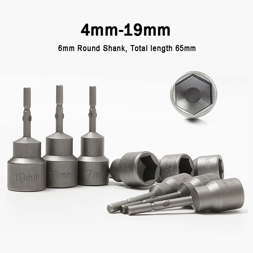 

1PCS 65mm Length - No Magnetic - Hex Nut Driver Sockets Sleeve 4mm - 19mm Metric Socket Wrench Impact Drill Bits 6mm Round Shank