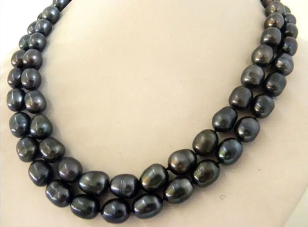 

10-12mm baroque south sea black Natural pearl necklace 17-18" 14KGP yellow Clasp