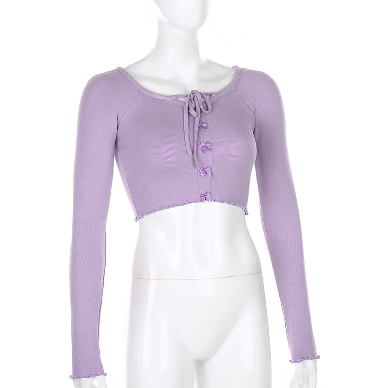 Darlingaga Crew Neck Bow Lace Up Woman T-shirts Purple Solid Slim Long Sleeve Autumn T shirt Casual Crop Tops Tee Shirts Korean