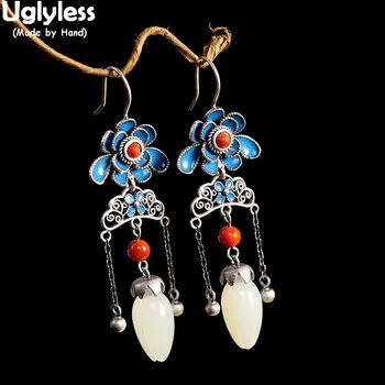 

Uglyless Enamel Blue Flower Lotus Earrings for Women Agate Natural Jade Magnolia Earrings Thai Silver 925 Silver Vintage Jewelry