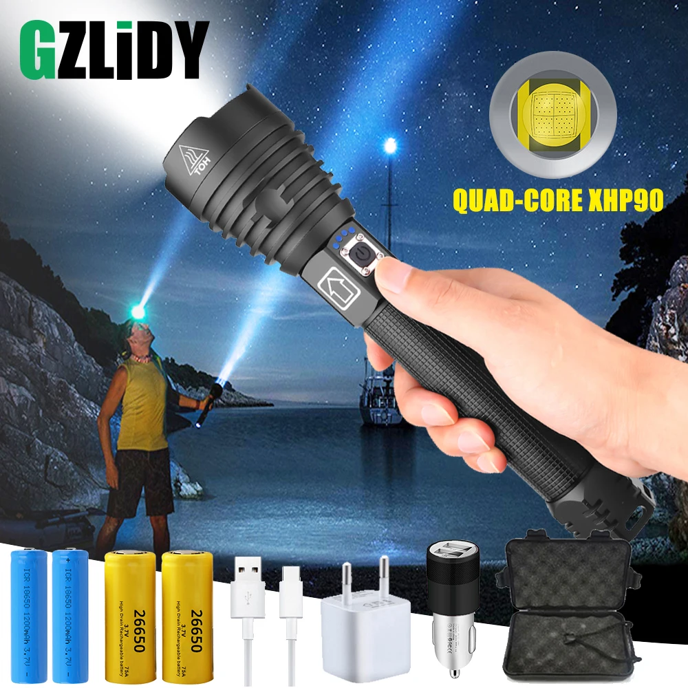 Rechargeable LED Flashlight The Most Powerful XHP90 Tactical Torch Waterproof Zoomable Hunting Light Use18650 or 26650 Battery
Rechargeable LED Flashlight The Most Powerful XHP90 Tactical Torch Waterproof Zoomable Hunting Light Use18650 or 26650 Battery