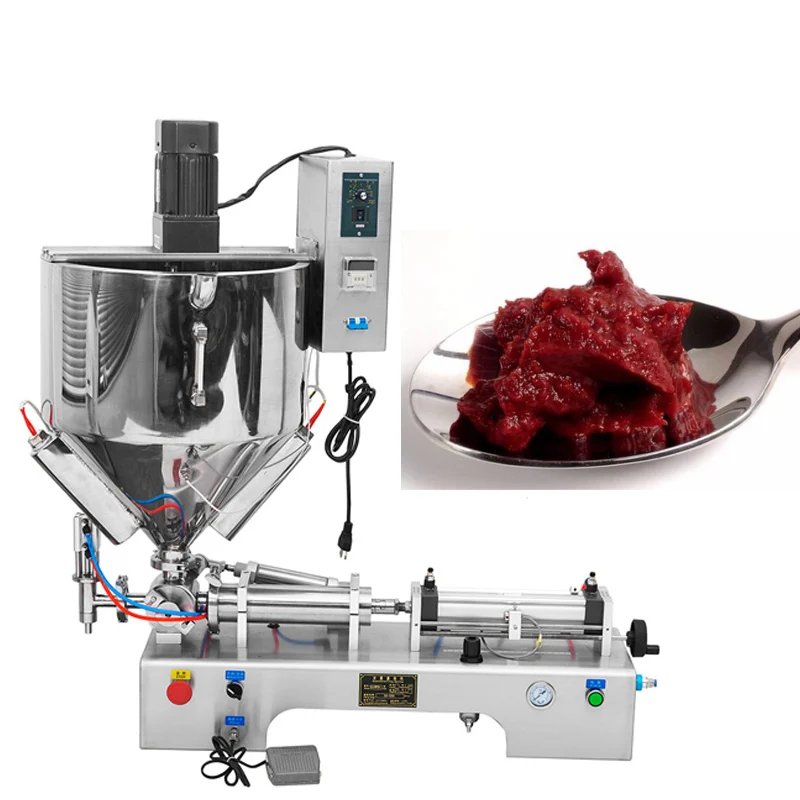 

Paste Filling Machine With Heating Mixing Hopper Chocolate Honey Cream Hot Juice Sauce Jam Jar Filler Pneumatic Piston Filler