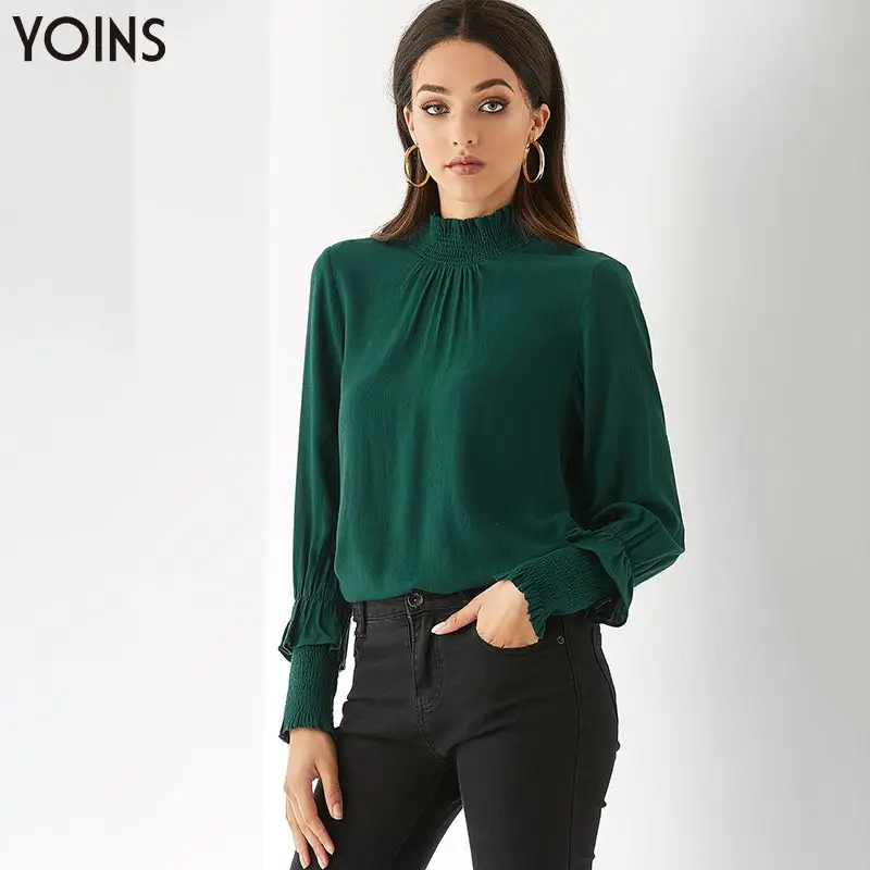 

YOINS 2019 Autumn Winter Women Tops and Blouses Frill Collar Button Keyhole Back Elastic Long Sleeves Smocked Blouse Blusas