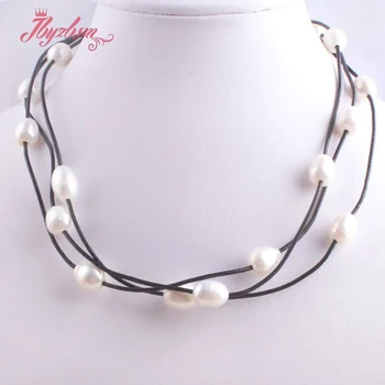 

10-12mm Oval Freshwater Pearl Natural Stone Beads For Christmas New Year Gift Jewelry Leather Necklace Lobster Clasp 16"