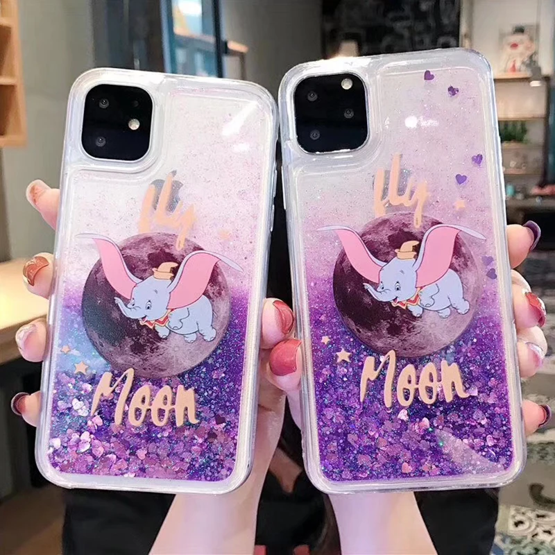 

Cartoon Cute Elephant Heart Liquid Quicksand Soft TPU Case For iPhone 11 Pro MAX 6 6S 7 8 Plus X XS MAX XR Bling Sequins Cover