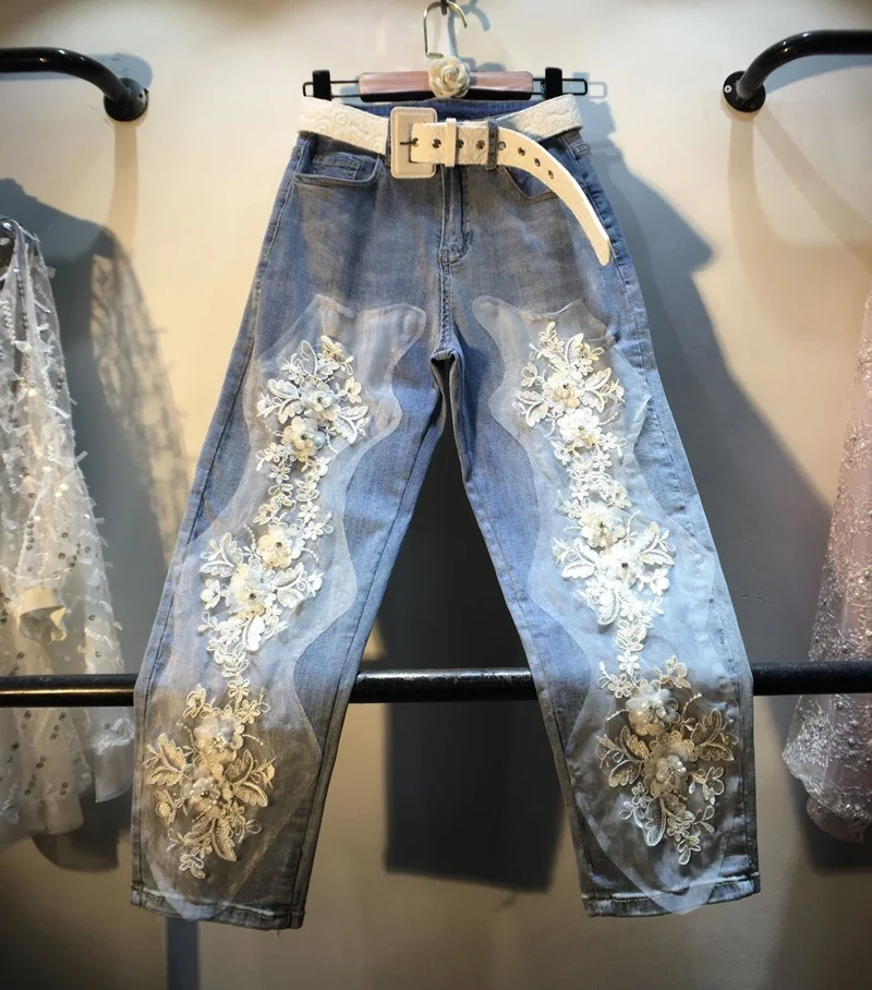 European Style Jeans for Women 2020 Summer New Heavy Beaded Sequin Lace Flowers High Waist Thin Straight Jeans Denim Pants Mujer
European Style Jeans for Women 2020 Summer New Heavy Beaded Sequin Lace Flowers High Waist Thin Straight Jeans Denim Pants Mujer