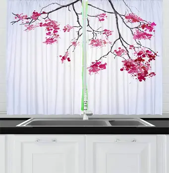 Japanese Kitchen Curtains Cherry Blossom Sakura Tree Floral Branch Spring Season Theme Image Window Drapes for Kitchen Cafe