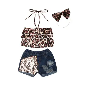 Summer Newborn Baby Girl Kids Leopard Sling Top+ Denim Sequin Shorts + Headband 3PCS Set Baby Girl Clothes 
Summer Newborn Baby Girl Kids Leopard Sling Top+ Denim Sequin Shorts + Headband 3PCS Set Baby Girl Clothes
