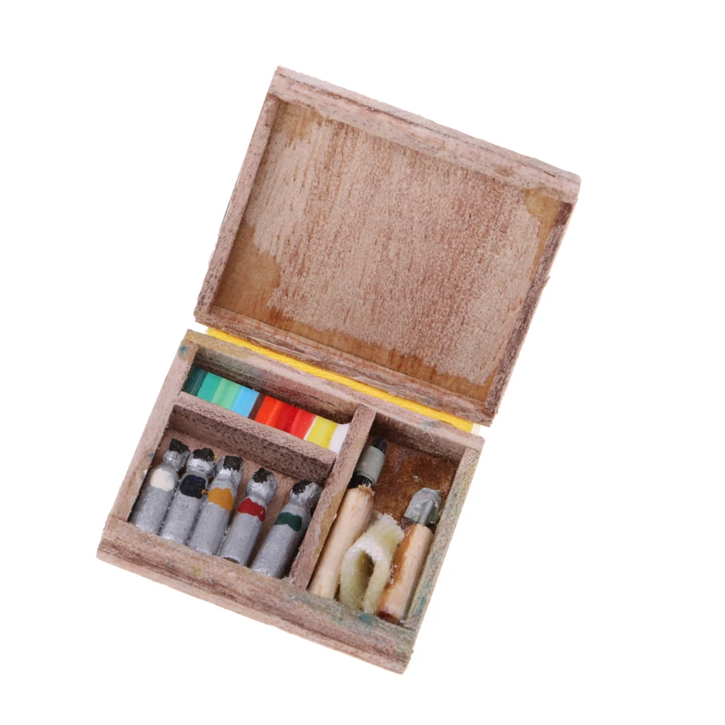 Artist's Wooden Watercolour Storage Box Doll House Miniatures Paint 1:12 Scale Toy Artist's Wooden Watercolour Storage Box Doll House Miniatures Paint 1:12 Scale Toy