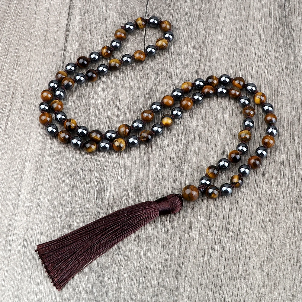 

Tiger Eye Stone Necklace 8mm Knotted Hematite Beaded Strand Health Protection Jewelry for Women Men Yoga Long Tassel Necklaces