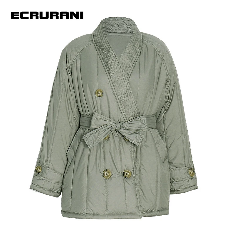 

ECRURANI Solid Ruched Patchwork Coats For Women V Neck Long Sleeve Sashes Casual Slimming Coats Female Fashion New Clothing 2021