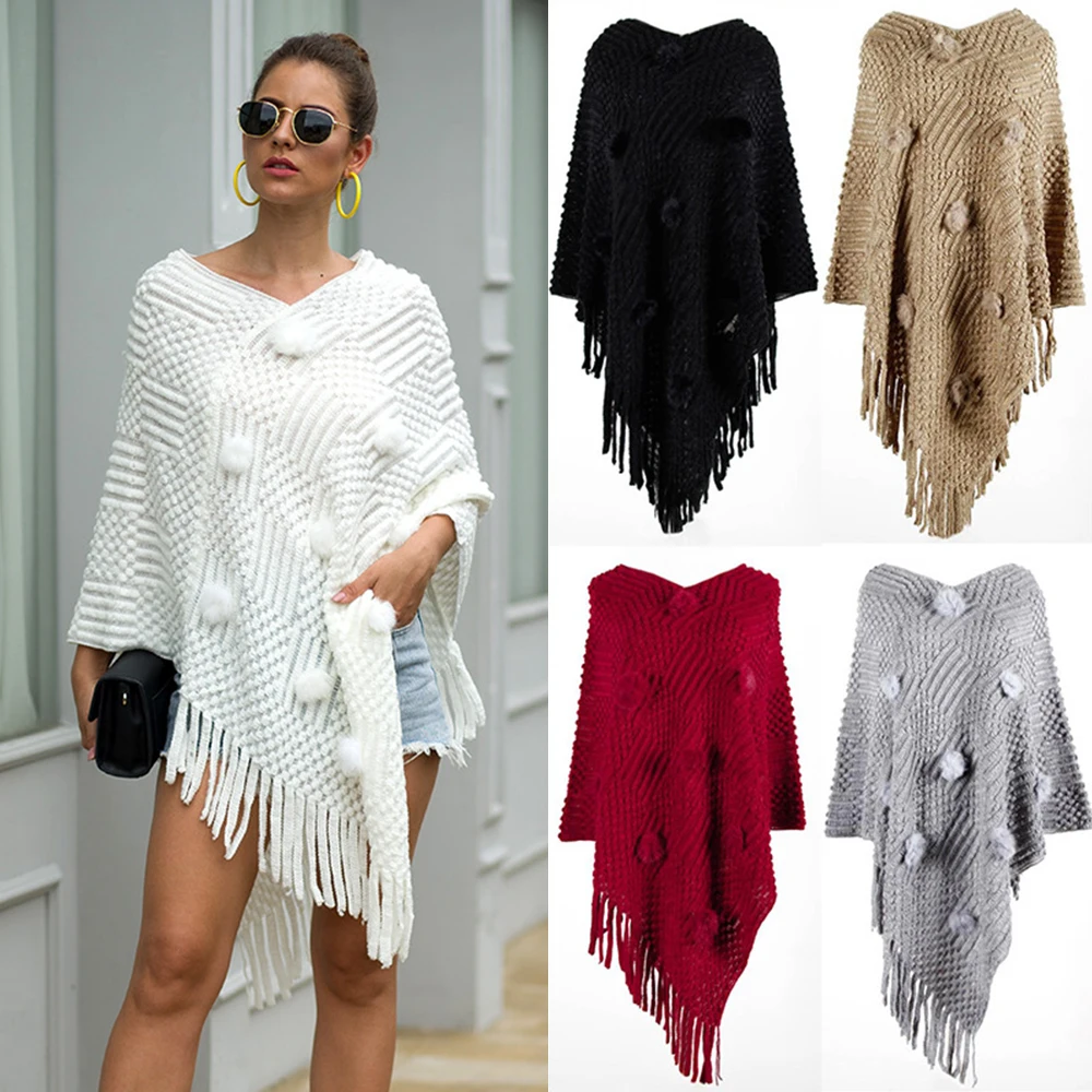 

Sweater white poncho oversized cape sexy pullover Pom Poms 2020 new women's red autumn and winter tassel shawl knitted