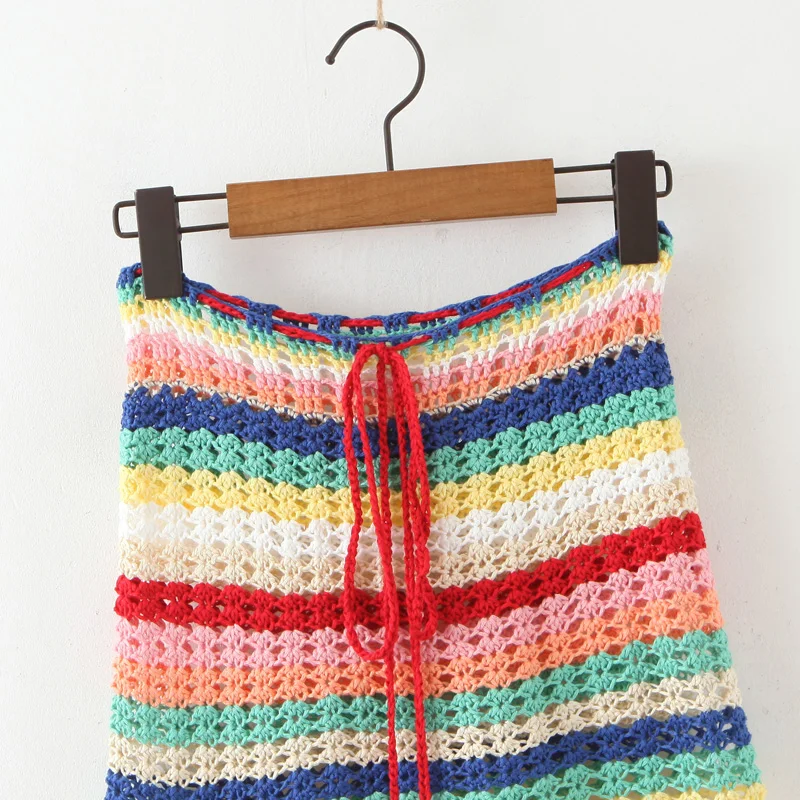 2020 BOHO Lacing up Colored Striped Hand crochet Cardigan Sweater Women Bandage Mini Short Shorts Half Sleeve Tops 2 Pieces Set