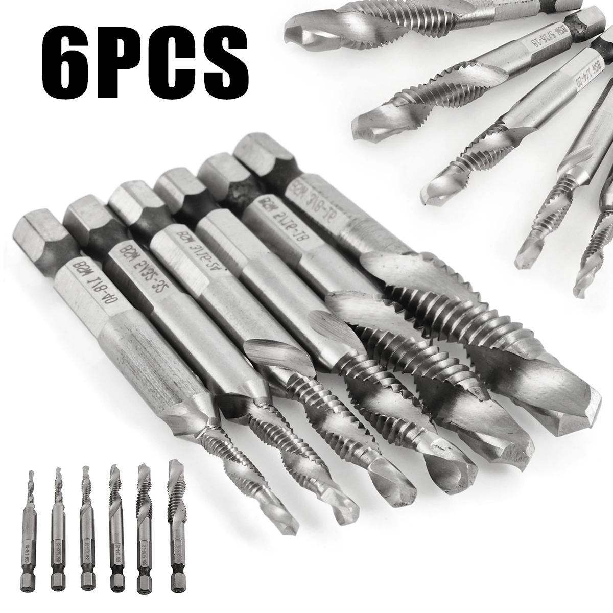 6PCS Screw Tap Drill Bits HSS Taps Woodworking Metric Combination Bit 1/8 Inch, 5/32 Inch, 3/16 Inch, 1/4 Inch, 5/16 Inch, 3/8 I