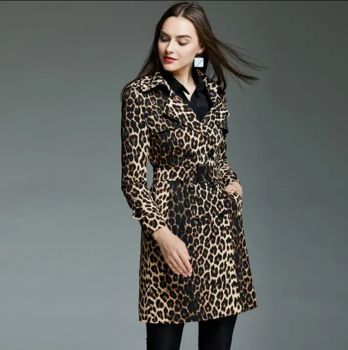 Женское весеннее пальто в европейском стиле леопардовое двубортное с длинным